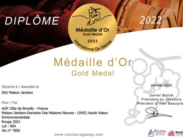 DIPLOME OR MEILLEUR GAMAY COTE DE BROUILLY 022022